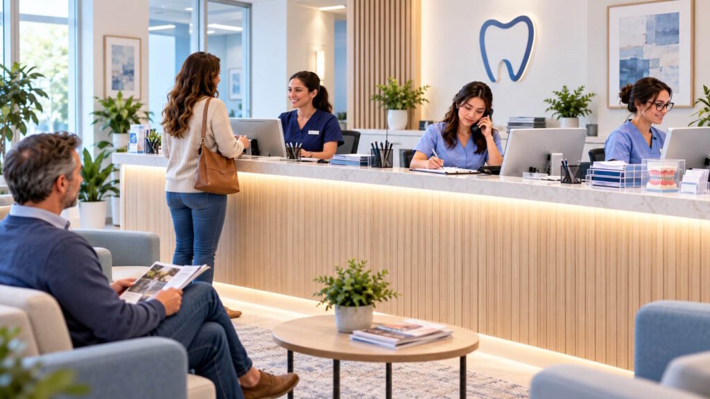 Secrétaires dentaires travaillant à l’accueil d’une clinique dentaire spécialisée.